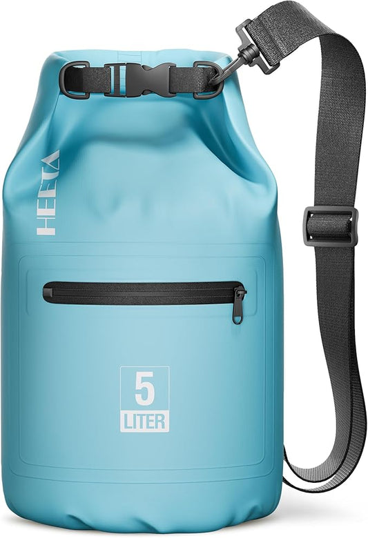 HEETA Waterproof Dry Bag with Front Zippered Pocket for Women Men, 5L/10L/20L/30L/40L Roll Top Lightweight Dry Storage Bag Backpack for Travel, Kayaking, Boating, Rafting, Camping, Hiking & Beach