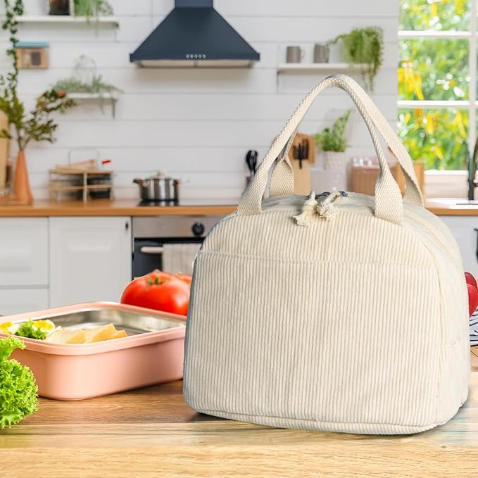 Corduroy Lunch Tote Bag, Pure Beige, Insulated Thermal Cooler, Portable and Large Capacity for Office, School, or Picnic, 8.5L