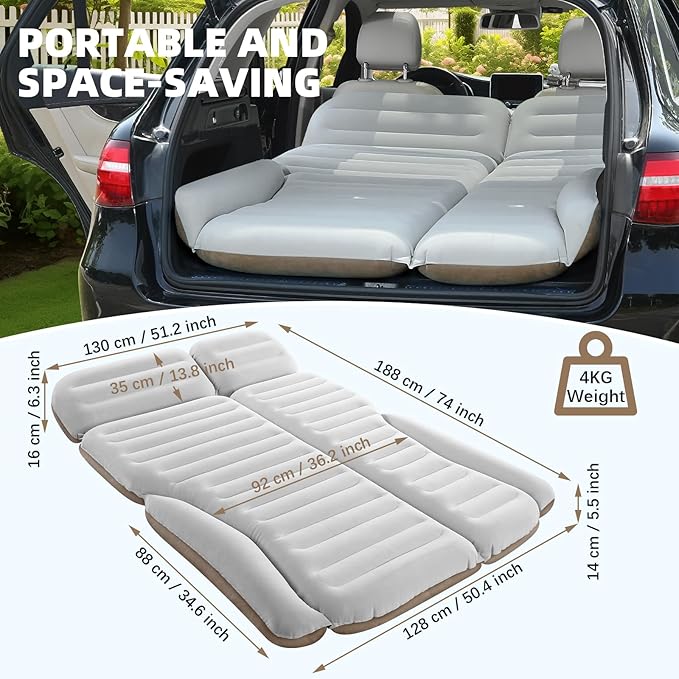 KMZ SUV Air Mattress Double Sided Thickened Flocking Car Bed – Portable Inflatable Mattress Pad for Camping & Travel with 2 Pillows & Electric Pump (Off-White and Coffee)