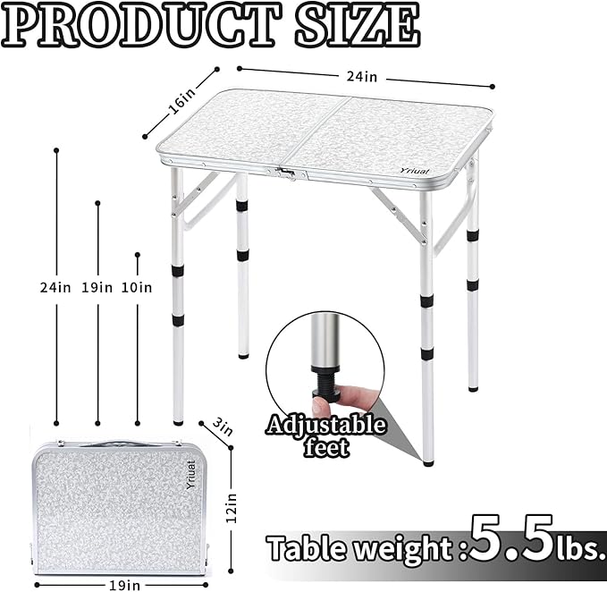 Folding Camping Table 2ft Portable Pinic Table Adjustable Height Small Card Table Aluminum Foldable Lightweight with Carry Handle for Outdoor Indoor Hiking Camp BBQ Beach