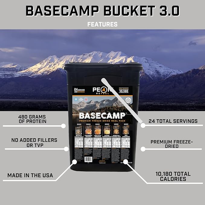 Peak Refuel Basecamp Bucket 3.0 | 100% Real Meat | Premium Freeze-Dried Meals for Backpacking, Camping & Survival | MRE Emergency Food