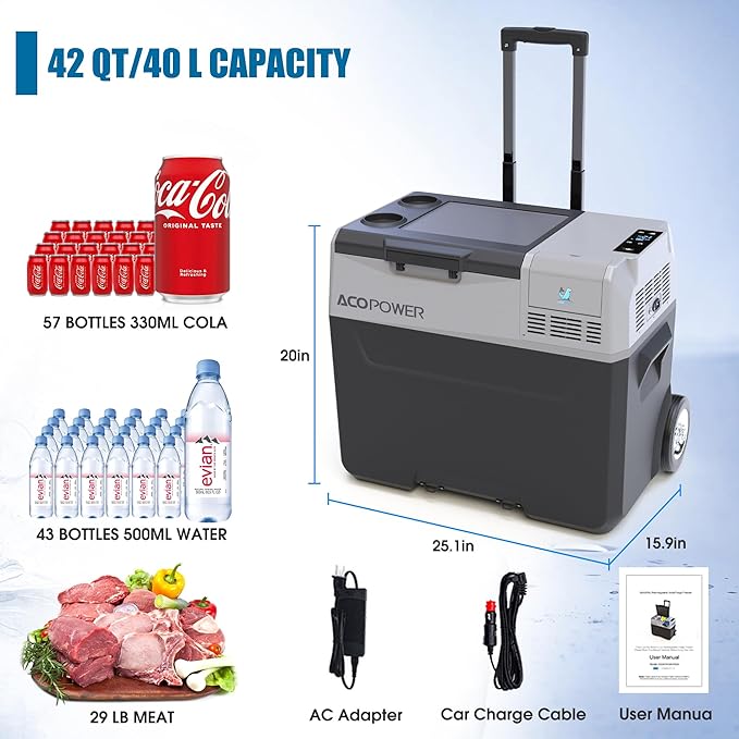12 Volt Refrigerator, 42QT(40L) Electric Cooler, 12V Fridge APP Control, 12V Cooler -4℉~68℉, Portable Freezer 12/24V DC 110-240V AC for Camping, Travel, Truck, Home (42 QT (40L)+battery)