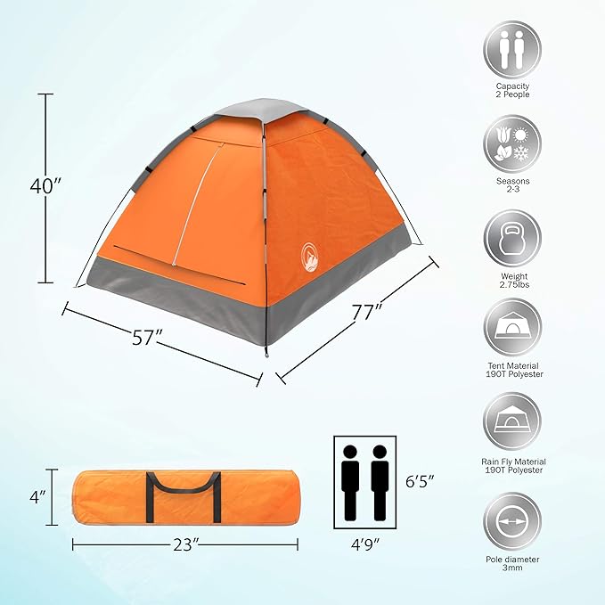 2 Person Camping Tent with Rain Fly and Carrying Bag - Lightweight Outdoor Tent for Backpacking, Hiking, or Beach Use by Wakeman Outdoors