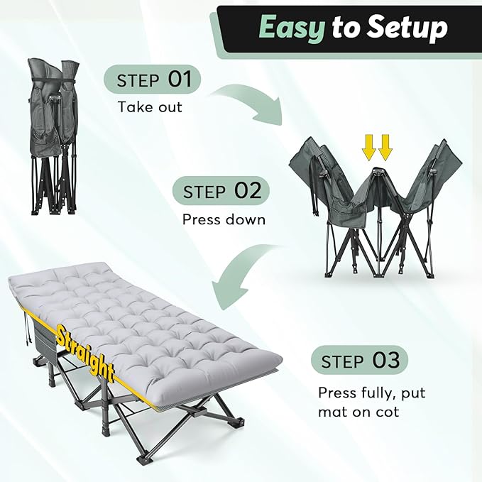 Slendor Oversized XXL Camping Cot, Folding Cot for Adults, 79" L x 32" W x 19" H Sleeping Cot with Mattress, Carry Bag, Camp Cot Bed for Travel, Guest, Support 500lbs, Stripe Grey Cot+ Grey Pad