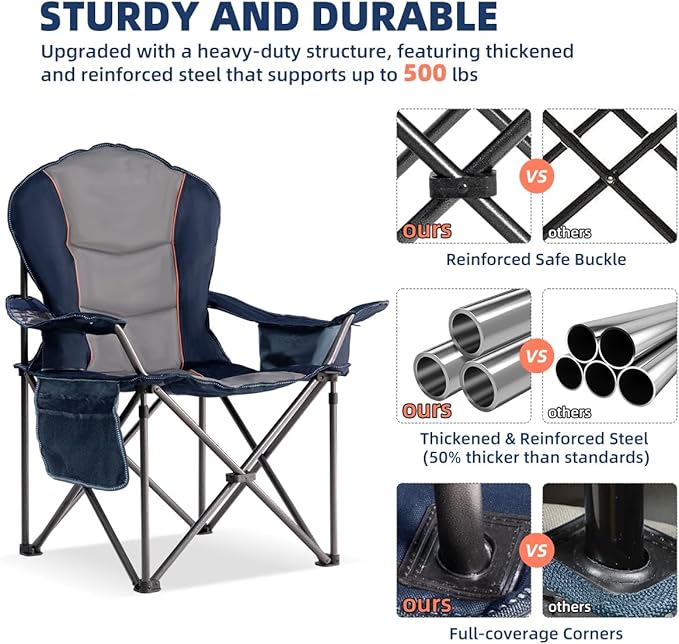 Oversized Camping Chair Heavy Duty 500LBS - 2 PCS Folding Outdoor Chair with Cooler Bag, Storage Pockets, Portable Collapsible Lawn Chairs for Adults (Blue & Gray)