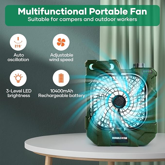kejector Portable Rechargeable Camping Fan - Battery Operated Oscillating Fan Outdoor Travel Cordless Misting Fans with LED Lantern, USB Ports, Summer Personal Cooling Desk Fans for Tent (Green)