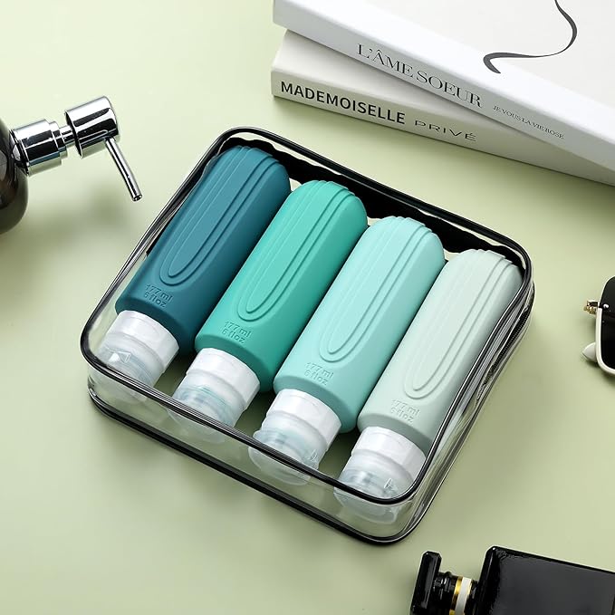 Travel Bottles for Toiletries, Large 6oz Oversize Containers, BPA Free Leak Proof Tubs Refillable Liquid Travel Accessories with Toiletry Bag for Cometic Shampoo and Lotion Soap (4 Pack)