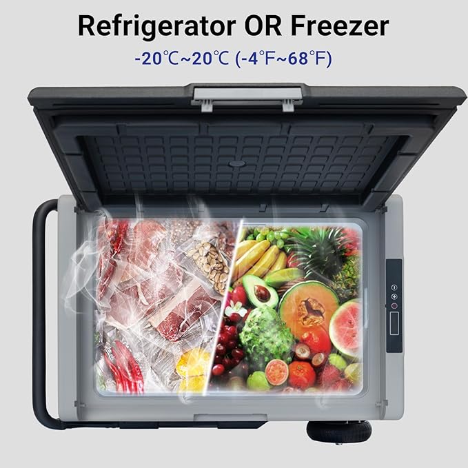 12Volt Car Refrigerator, 50L Portable Freezer/Fridge, DC 12V/24V Camping Cooler with wheels, -4℉~68℉, Basket, Compact Refrigerator for Outdoor, RV, Boat, Travel, Multi-directional Lid, Black