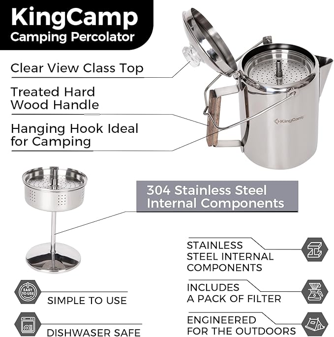 KingCamp Percolator Coffee Pot Campfire Coffee Boiler Kettle 304 Stainless Steel with Wood Handle for Outdoor Camping Cookware, Cabin, RV, Kitchen, Hunting & Backpacking, NO Aluminum or Plastic 9 Cup