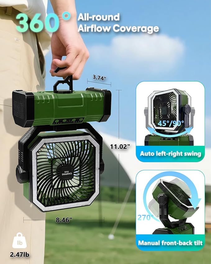 20000mAh Portable Camping Fan, Rechargeable Battery Operated Oscillating Tent Fan W/Bluetooth Speaker, Remote Control, 4 Speeds, LED lights & 360° Rotation Hook for Outdoor RV Travel, Green