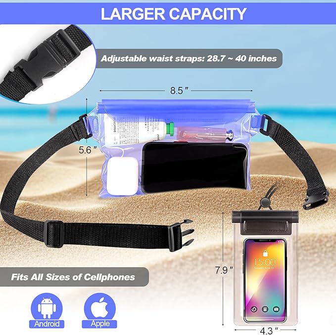 Waterproof Fanny Pack, 2PCS Touchscreen Sensitive Waterproof Phone Pouch, Dry Bag with Adjustable Waist Strap, Water Proof Pouch For Kayaking, Swimming, Boating, Floating, Perfect Beach Essentials