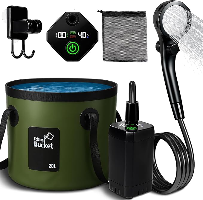Motivekit™ Portable Camping Shower | 5.3/6.6 gal. Foldable Bucket, 6000mAh Rechargeable Shower Pump, 6' 7" Filtered Shower Head, Summer Beach Outdoor Showering Hiking Pet Bath RV Car Wash Water Plant
