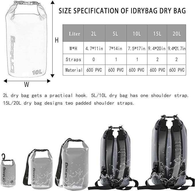 IDRYBAG Dry Bags for Kayaking Waterproof 2L/5L/10L/15L/20L, Small Dry Bag Waterproof Floating, Dry Sack Waterproof Bag for Paddleboarding Travel