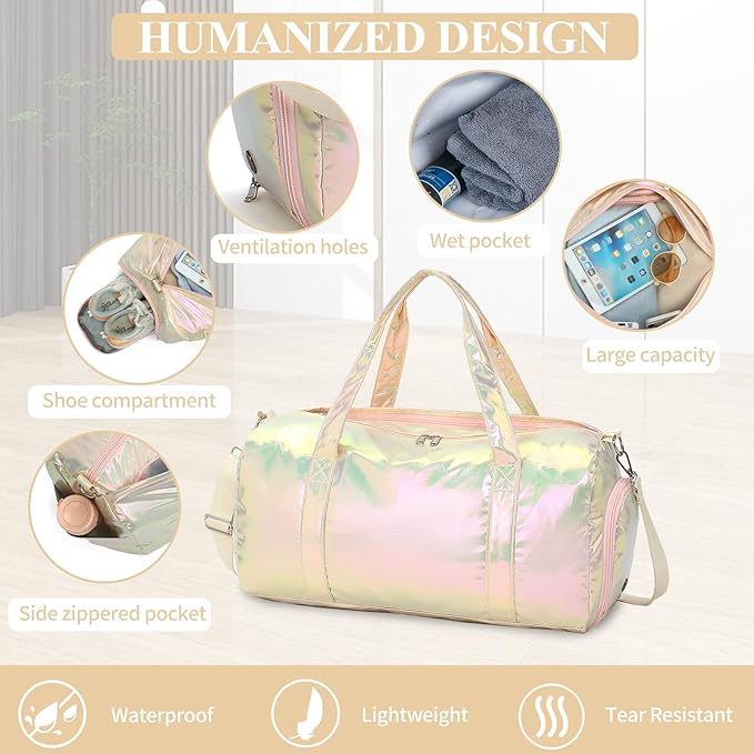 Gym Sports Duffle With Wet Pocket, Dance and Overnight Bag With Waterproof Shoe Pouch and Air Hole for Girls, Kids, Women - Travel Foldable