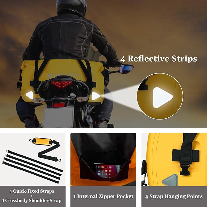 Waterproof Motorcycle Duffel Bag Roll Top Dry Duffel Bag with Quick-fixed Straps for Rafting, Boating, Kayaking, Travel, 50L(Yellow)