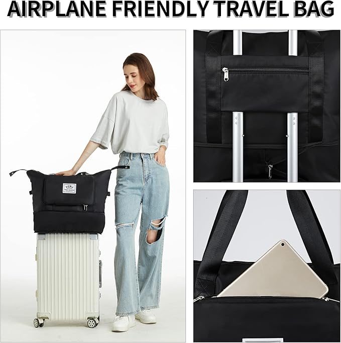 Expandable Travel Duffel Tote Bag - Foldable Overnight Weekender, Carry-On, Swim & Gym Bag - Fits Spirit Airlines Personal Item Size - Lightweight, Waterproof & Durable with Trolley Sleeve,Black