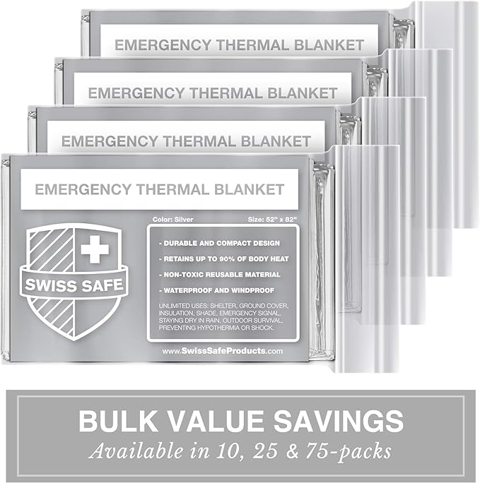 Swiss Safe XL Emergency Mylar Thermal Blankets + Bonus Space Blanket - Compact & Insulated for Cold Weather - Designed for NASA, Outdoor Camping, Survival, First Aid Car Kit - Silver, 4 Pack, XL