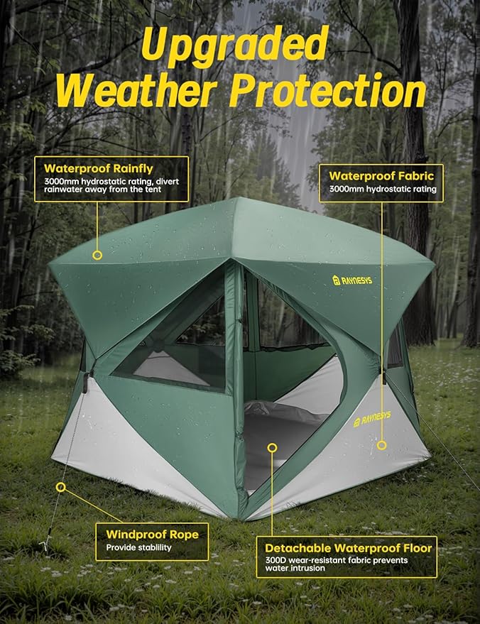 Camping Tent, 4 Person Tent for Camping, Setup in 60 Seconds, 4 Person Pop up Tents, Hub Tents, Water-Resistant, Windproof, Instant Cabin with Removable Floor, Portable