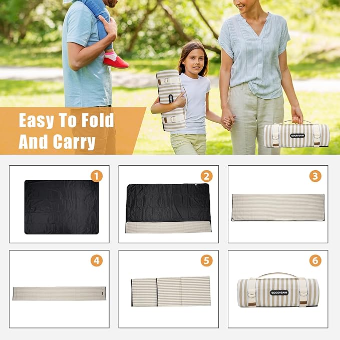 G GOOD GAIN Picnic Blankets Waterproof Extra Large - Outdoor Blanket Sand Free Foldable with Carry Strap for Beach, Camping, Park Grass, Hiking, Travel, Concerts, Indoor (Sand Yellow)