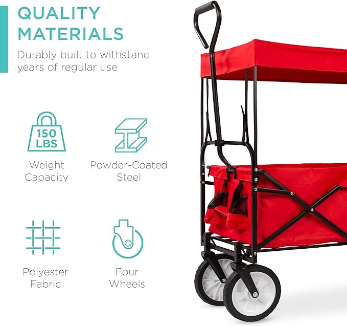 Best Choice Products Collapsible Folding Outdoor Utility Wagon with Canopy Garden Cart for Beach, Picnic, Camping, Tailgates w/Removable Canopy, Detachable Pockets, 150lb Weight Capacity - Red