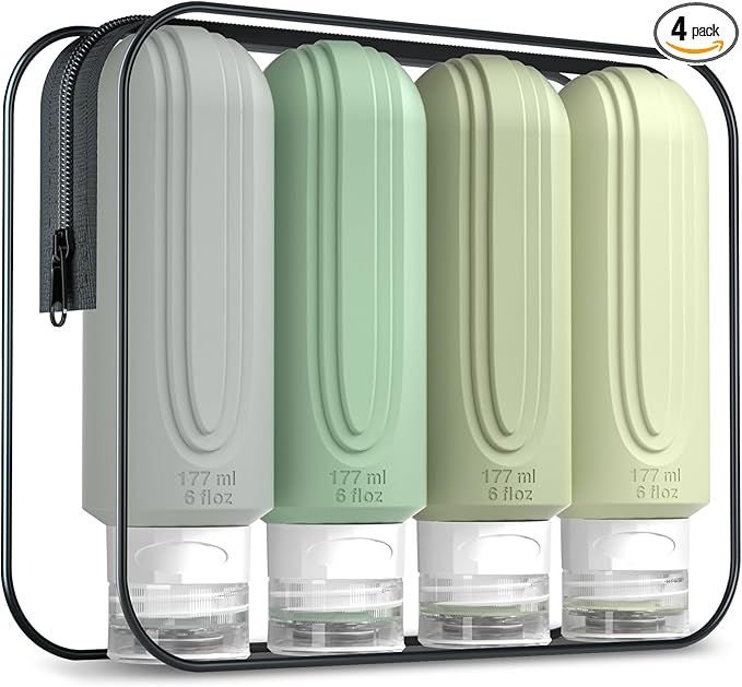 Travel Bottles for Toiletries, Large 6oz Oversize Containers, BPA Free Leak Proof Tubs Refillable Liquid Travel Accessories with Toiletry Bag for Cometic Shampoo and Lotion Soap (4 Pack)