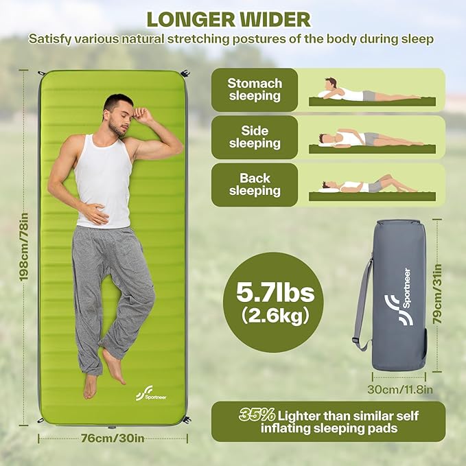 Sportneer Self Inflating Sleeping Pad, 4" Ultra-Thick Elasticity Foam Camping Mat with 10 R Value, 4-Season Insulated Durable Camping Pad Air Mattress for Car Travel Tent Home, 78" x 30"