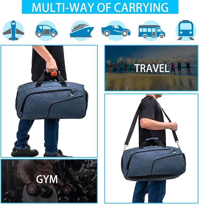 Kuston Sports Gym Bag with Shoes Compartment &Wet Pocket Gym Duffel Bag Overnight Bag for Men and Women(Blue)