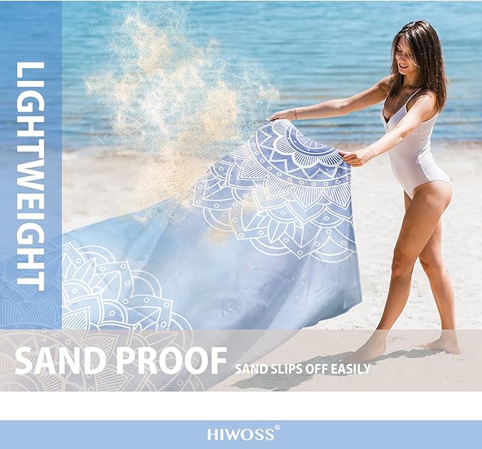Beach Blanket Waterproof Sandproof Oversized 95”x 80”,Sand Free Beach Mat with Corner Pockets,Portable Mesh Bag for Beach Festival,Picnic,Travel and Outdoor Camping (LightBlueMandala)