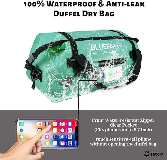 Large Waterproof Duffel Bag Roll-top Heavy Duty Dry Duffle Bags for Motorcycling, Rafting, Boating, SUP, Kayaking, Travel, 70L(Ocean Green)