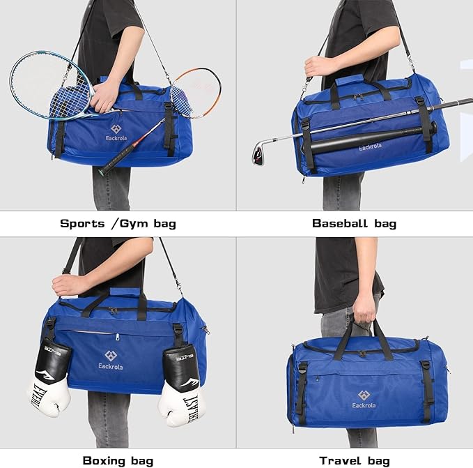 Eackrola Extra Large Sports Gym Bag, Travel Duffel bag with Wet Pocket & Shoes Compartment for men women, 85L, Lightweight (Blue)