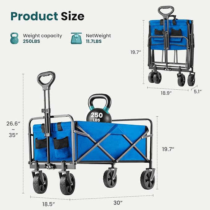 OLIXIS Heavy Duty Wagon Cart with Wheels Foldable,Large Collapsible Wagons Carts with All-Terrain Wheels,Smooth Maneuverability,Suitable for Gardening,Camping and Beach,Blue