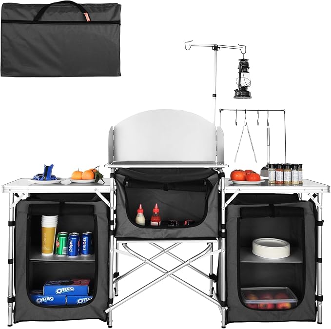 VBENLEM Camping Kitchen Table, Aluminum Portable Folding Camp Cook Table with Windshield, 3 Cupboard, Storage Organizer, Quick Installation for Outdoor Picnic Beach Party Cooking, Black