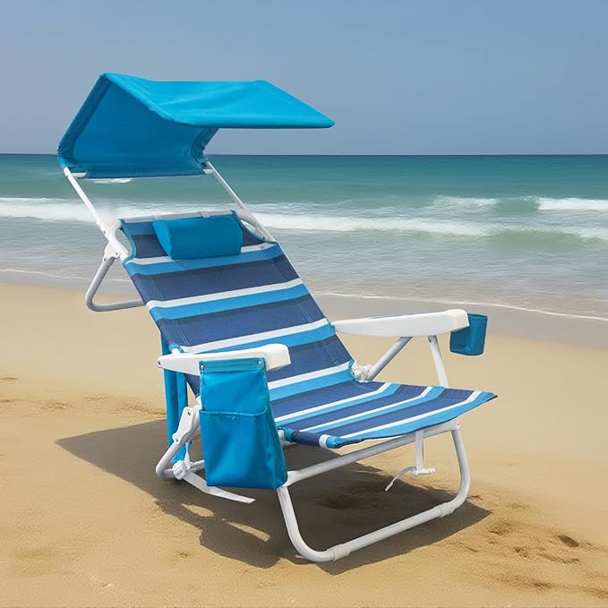 Beach Chair 2 Pack, 5 Positions Textilene Folding Reclining Beach Chair with Backpack Straps, Cooler Bag & Cup Holder for Outdoor Lawn Camping