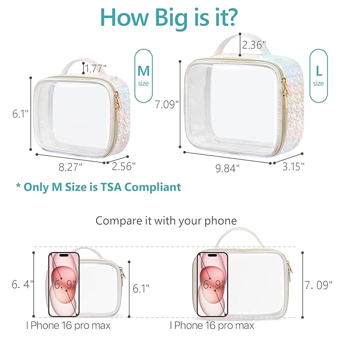 PACKISM TSA Approved Toiletry Bag - Ruched Textured Clear Makeup Bag, Iridescent White, with 180° Large Opening and Supporting Frame, Perfect for Travel Essentials, Thick No Smell