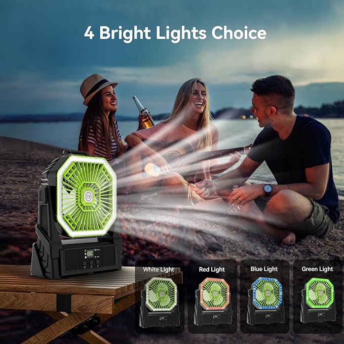 Portable Battery Powered Fan with 4 Lights, 20000mAh Battery Operated Fans with Remote, Outdoor Camping Fan Rechargeable, 4 Speed, 4 Timer for Picnic, Barbecue, Fishing, Home