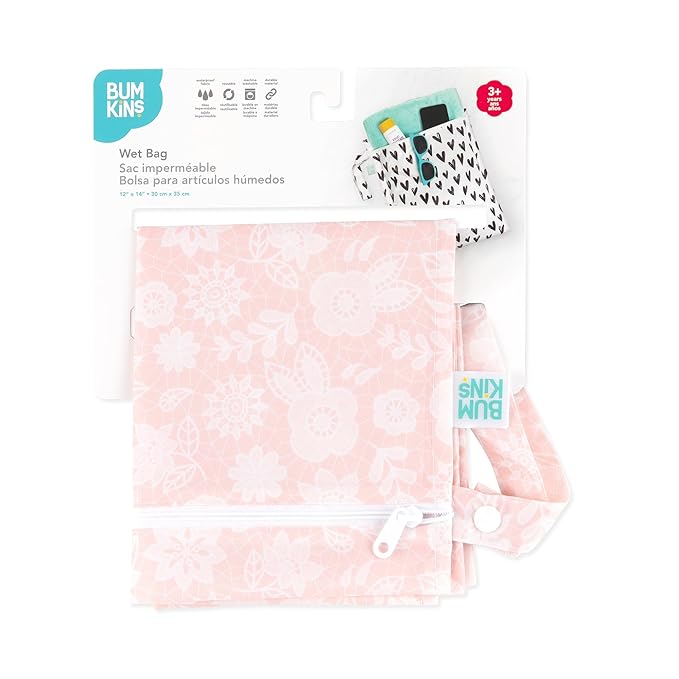 Bumkins Waterproof Wet Bag for Baby, Travel, Swim Suit, Cloth Diapers, Pump Parts, Pool, Beach, Gym Clothes, Toiletry, Hook to Stroller, Daycare, Zipper Reusable Wetdry Packing Pouch, Lace Pink