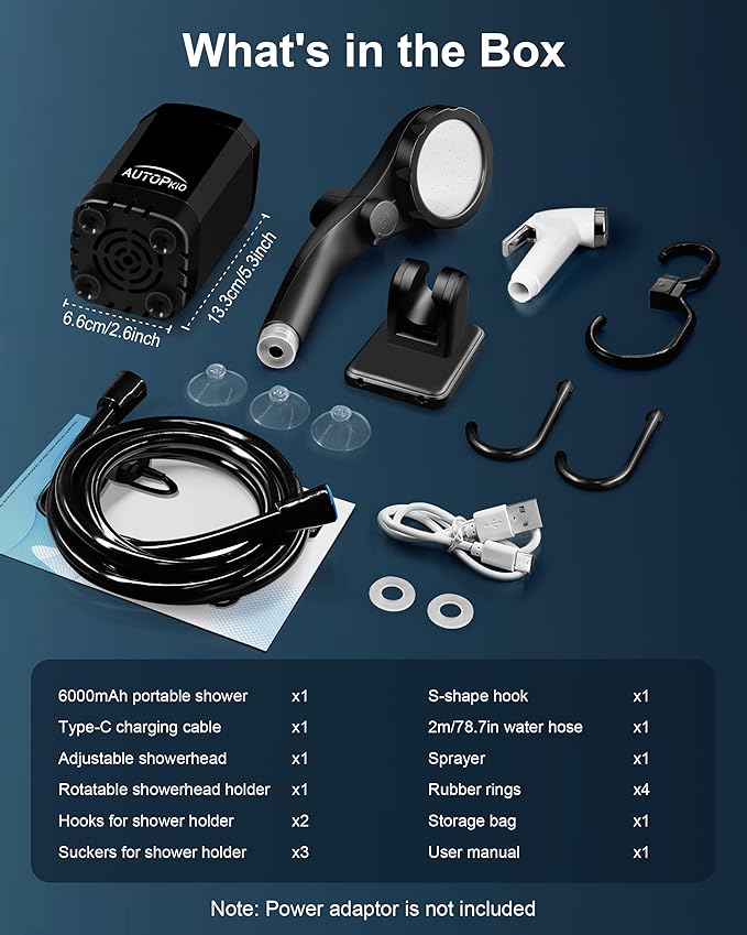 AUTOPkio Portable Camping Shower, Rechargeable Camp Shower Pump with USB Cable & Electric Outdoor Shower Head Sprayer for Camping, Hiking, Pet Bathing, Washing