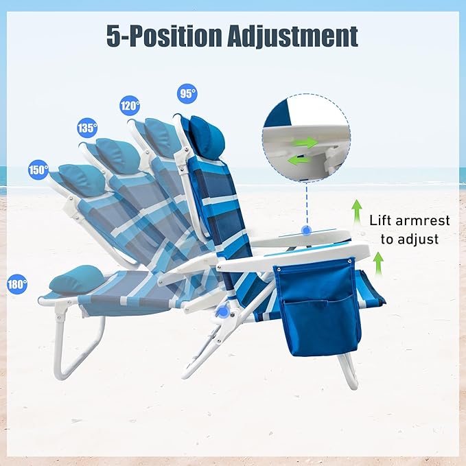 Beach Chair 2 Pack, 5 Positions Textilene Folding Reclining Beach Chair with Backpack Straps, Cooler Bag & Cup Holder for Outdoor Lawn Camping
