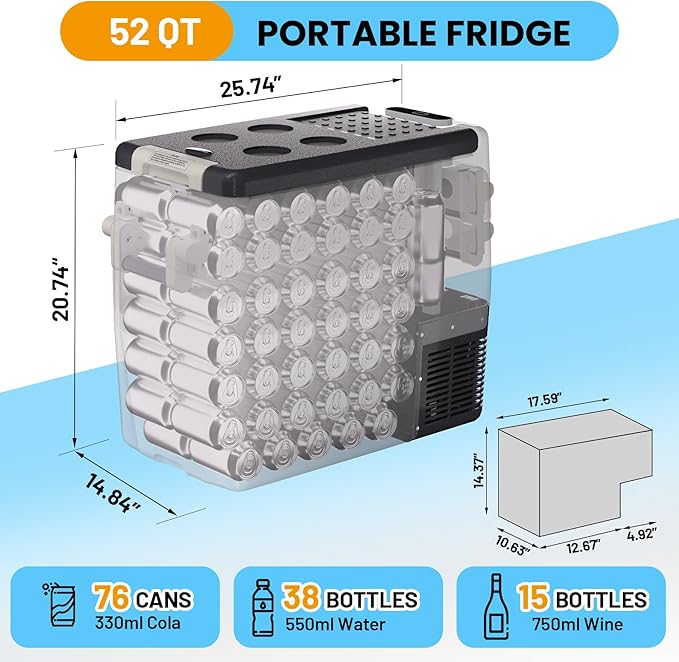 12 Volt Refrigerator, 53QT(50L) Electric Cooler, Portable 12V/24V DC 110-240V AC, 12V Fridge 0℉~50℉, 12V Car Refrigerator with Basket for Travel, Truck, Boat, Camping