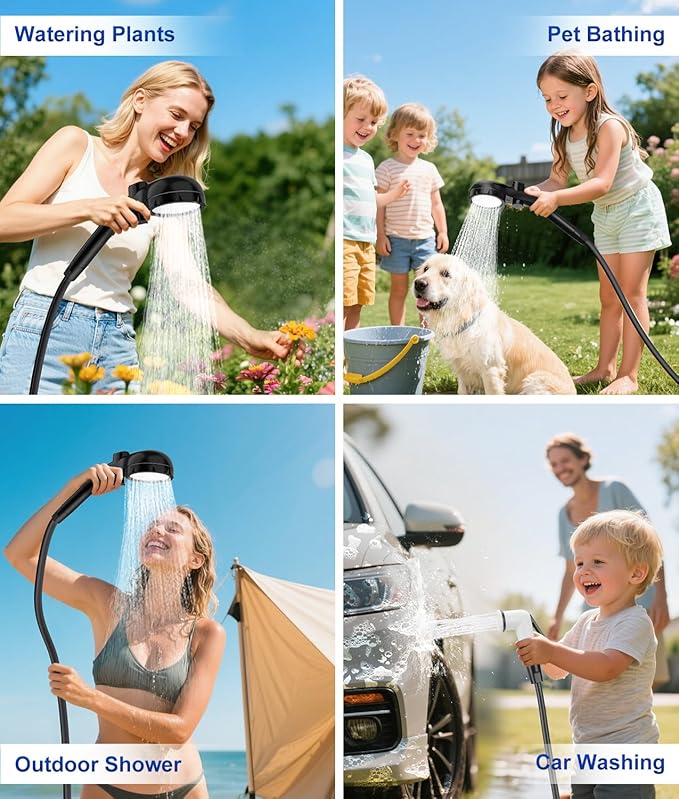 WADEO Portable Shower, 6000mAh Rechargeable Camping Shower Pump with Camping Light, 5 Spray Modes, Fahrenheit Display, IPX8 Waterproof, Ideal for Outdoor Camping, Travel, Car Washing, Pet Bathing