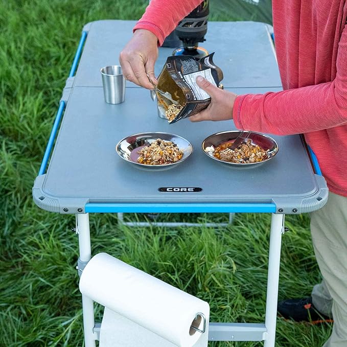 CORE Outdoor Camp Table | 4 Foot Table with Adjustable Height and Storage for Camping Accessories | Foldable & Portable for Beach, Picnic, Backyards, BBQ, Tailgate, Patio and Party