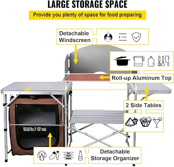 VEVOR Camping Kitchen Table, Aluminum Portable Folding Camp Cook Station with Windscreen, Cupboard, Storage Organizer, Carrying Bag, Quick Installation for Outdoor Picnic Beach BBQ RV Traveling, Brown