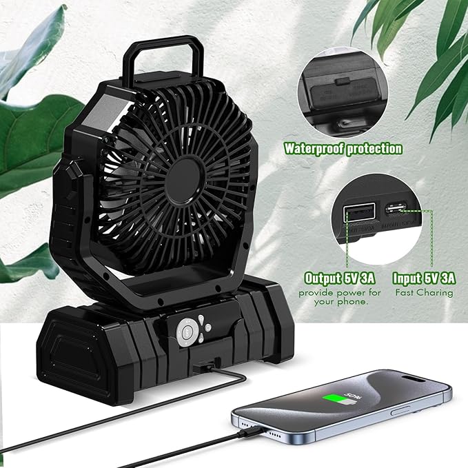 20000mAh Portable Camping Fan with LED Light, Rechargeable Battery Powered Oscillating Fan with Remote & Hook,Timer, 65HRS Running, 4-Speed for Travel, Tent, Room, Car, Picnic, Fishing-Black