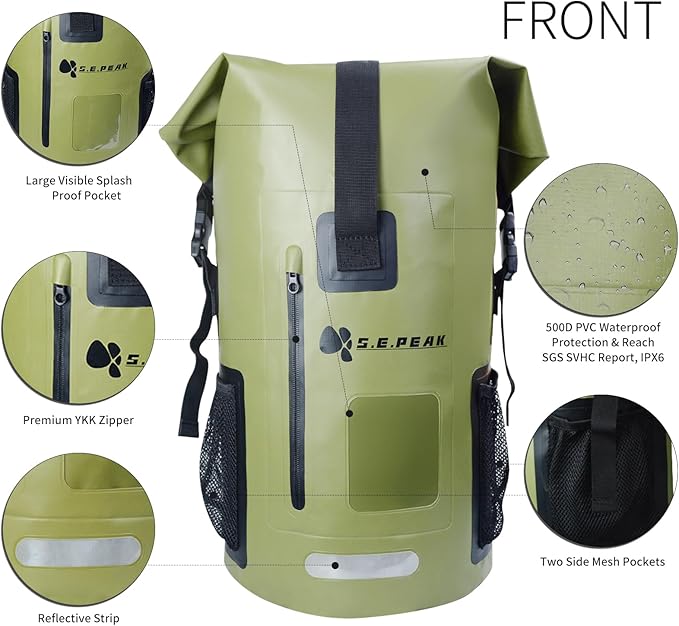 SEPEAK 35L Waterproof Dry Bag Backpack IPX6, Roll-Top Closure Bag Boating & Kayak Accessories - Essentials for Camping Swimming Beach Fishing Rafting Travel,Green