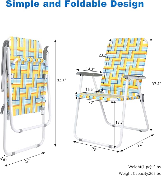 VINGLI Patio Lawn Webbed Folding Chairs Set of 4, Outdoor Beach Chair Portable Dining Chair for Outdoor Yard, Garden (Yellow, Classic)