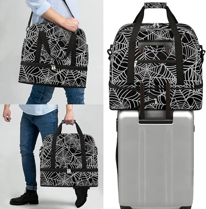 cfpolar Woman Travel Duffel Bag Halloween Spider Web Foldable Tote Carry On Luggage Sports Gym Bag With Shoe Compartment Overnight Weekend Yoga Workout Bag Training Handbag