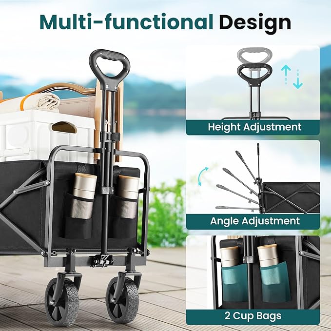 OLIXIS Heavy Duty Wagon Cart, 350 lbs Foldable Large Collapsible Wagons Carts with Wheels Smooth Maneuverability for All-Terrain, Suitable for Gardening, Camping, Beach - Black