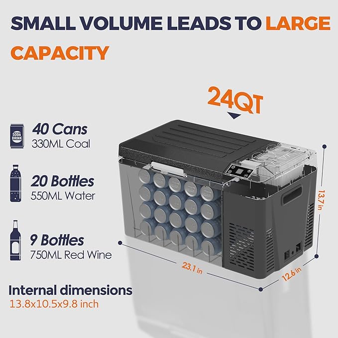 12 Volt Refrigerator Electric Cooler - 24Quart(23L) Refrigerator Compressor 12/24V DC & 100-240V AC, 12V Fridge Usable Battery for Truck, Boat, Camping, Travel, Home