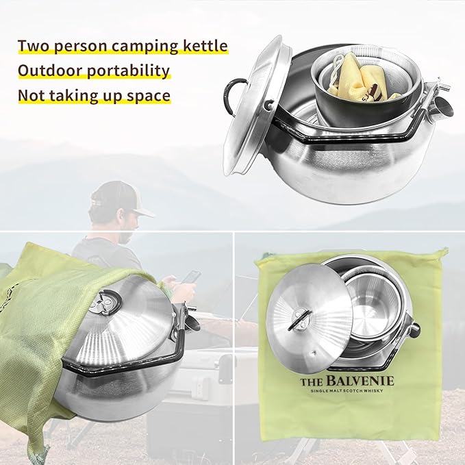 3PCS Camping Kettle Outdoor Campfire Camp Kettle Set with 2 Cups, 1L Stainless Steel camping tea kettle Coffee Pot, Portable Lightweight Teapot, Ideal for Hiking Picnic Travel, Silver