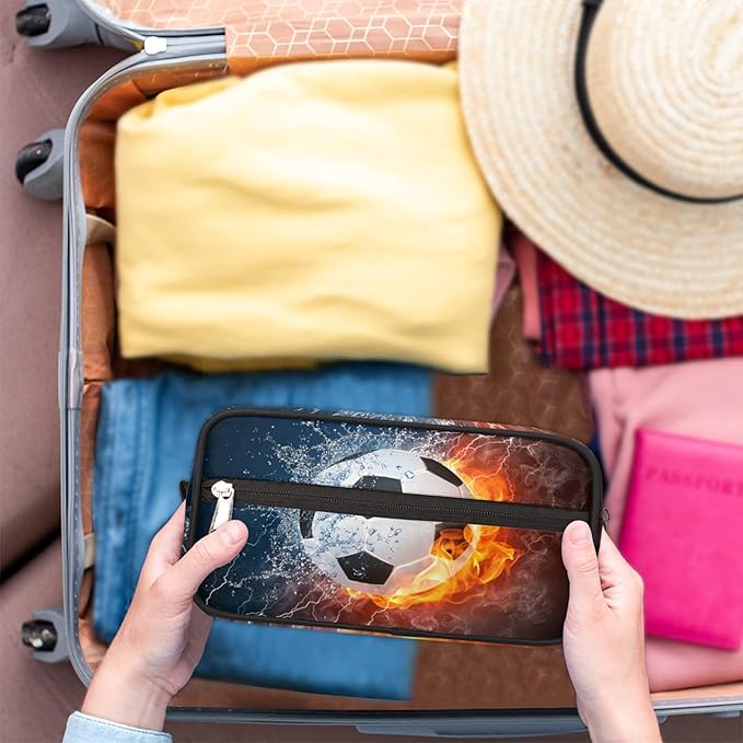 Fire Soccer Ball Portable Travel Toiletry Bag, Ice Fire Football Dopp Kit Cosmetic Organizer Makeup Bag Shower Shaving Bag for Men Women
